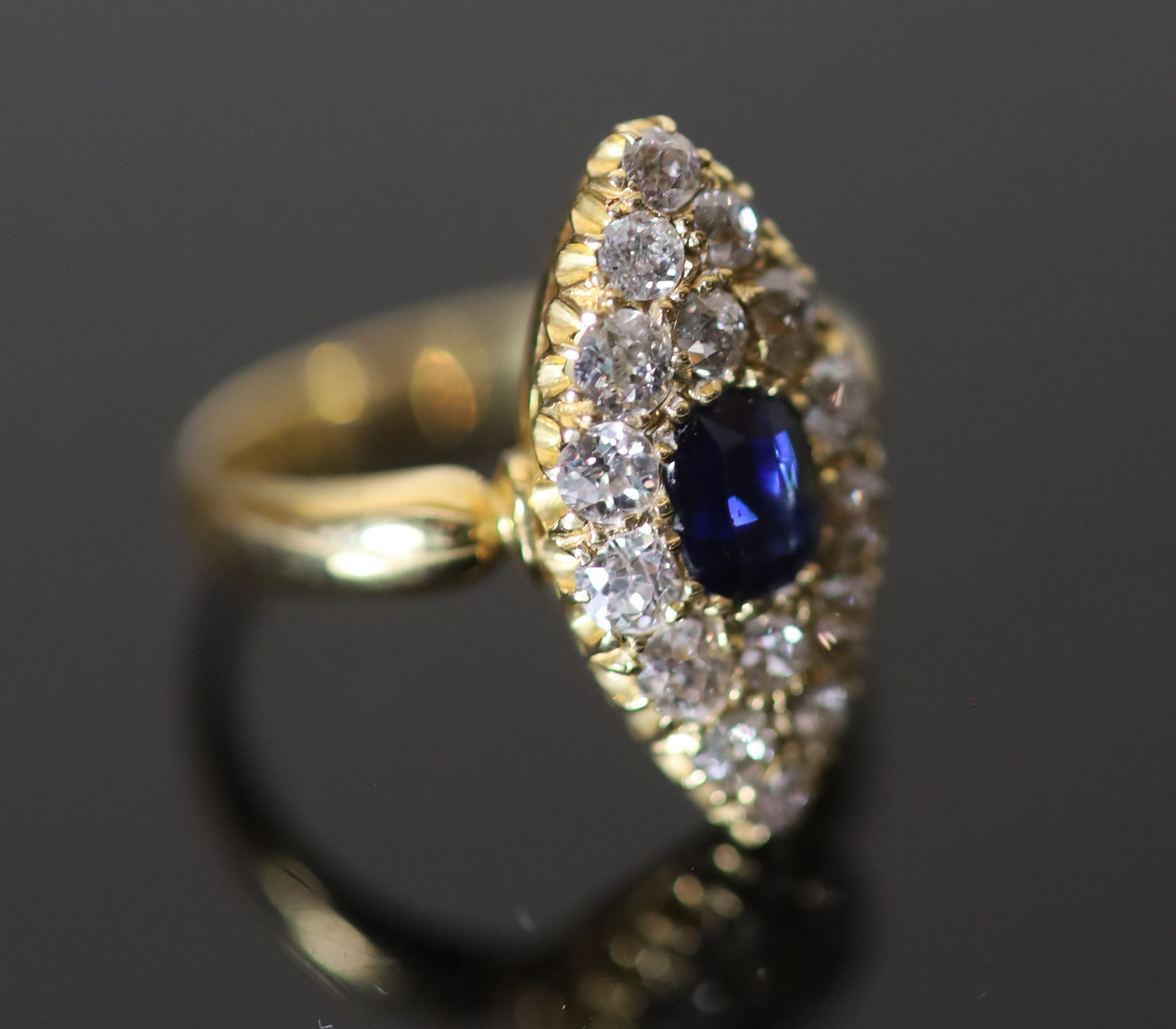 A Victorian 18ct gold, sapphire and diamond set marquise cluster ring,